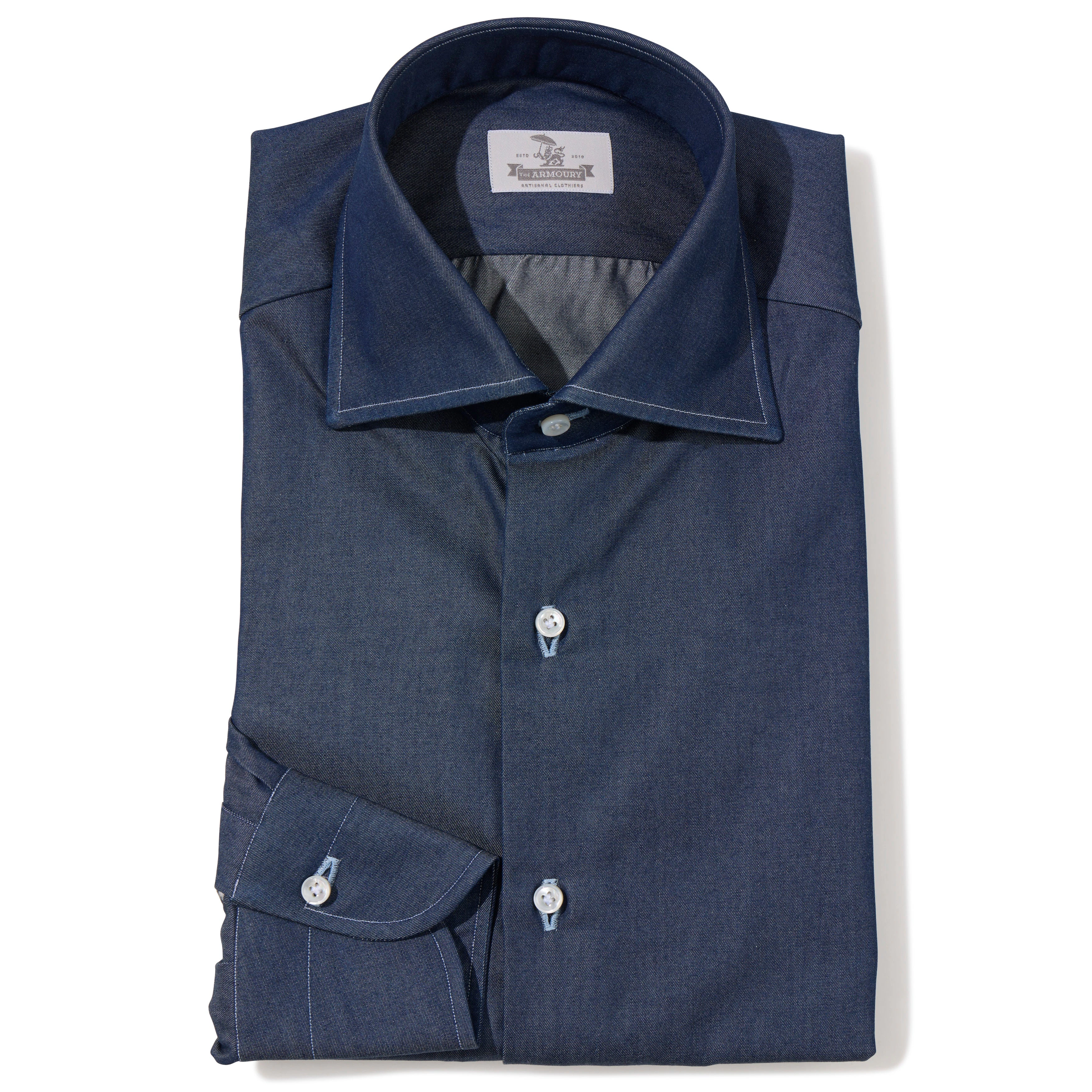 Cotton Denim Contrast Stitch Spread Collar Shirt Denim / 38 Cotton Denim Contrast Stitch Spread Collar Shirt Denim / 38