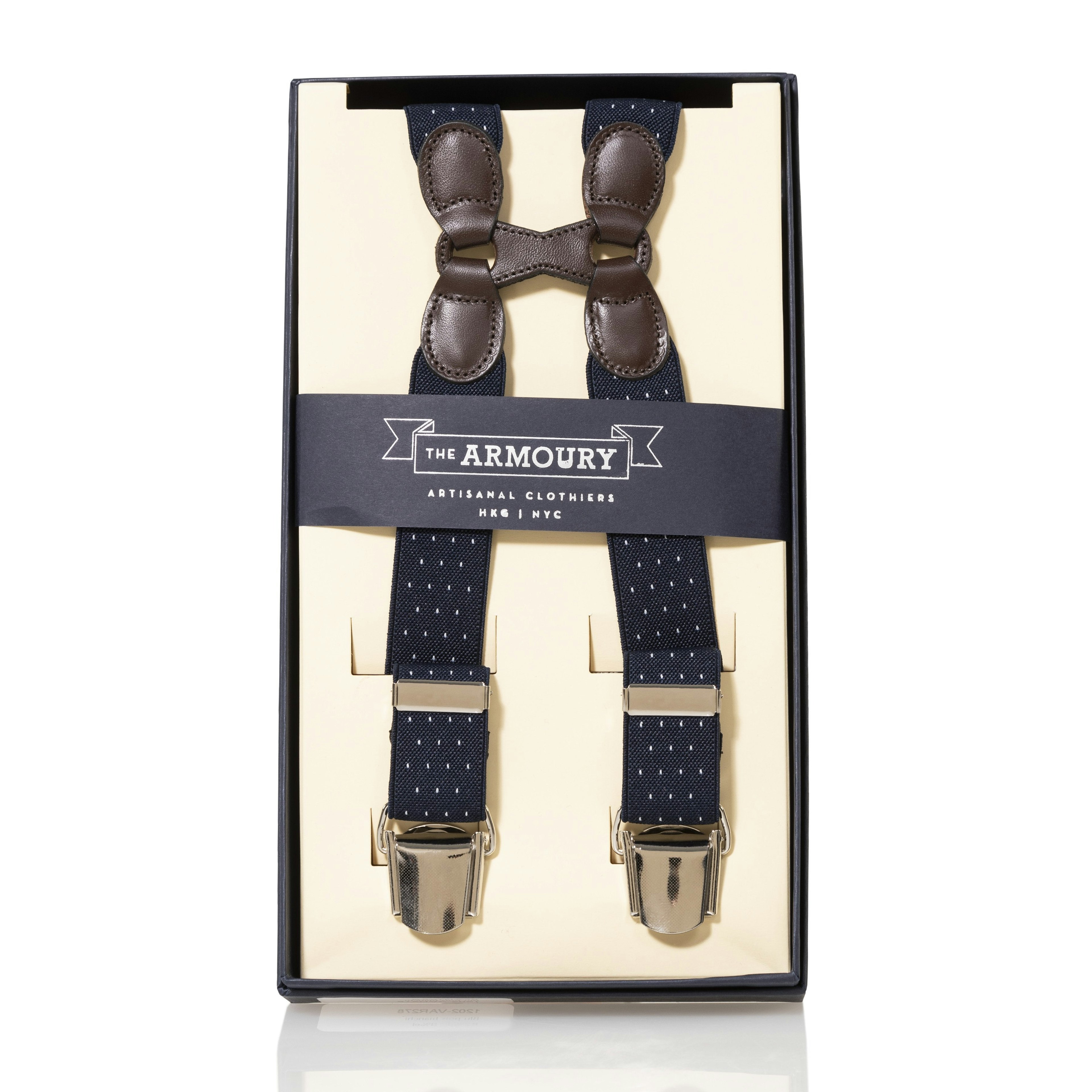 Brown Leather/Silver Clip Braces - Navy Spots - The Armoury
