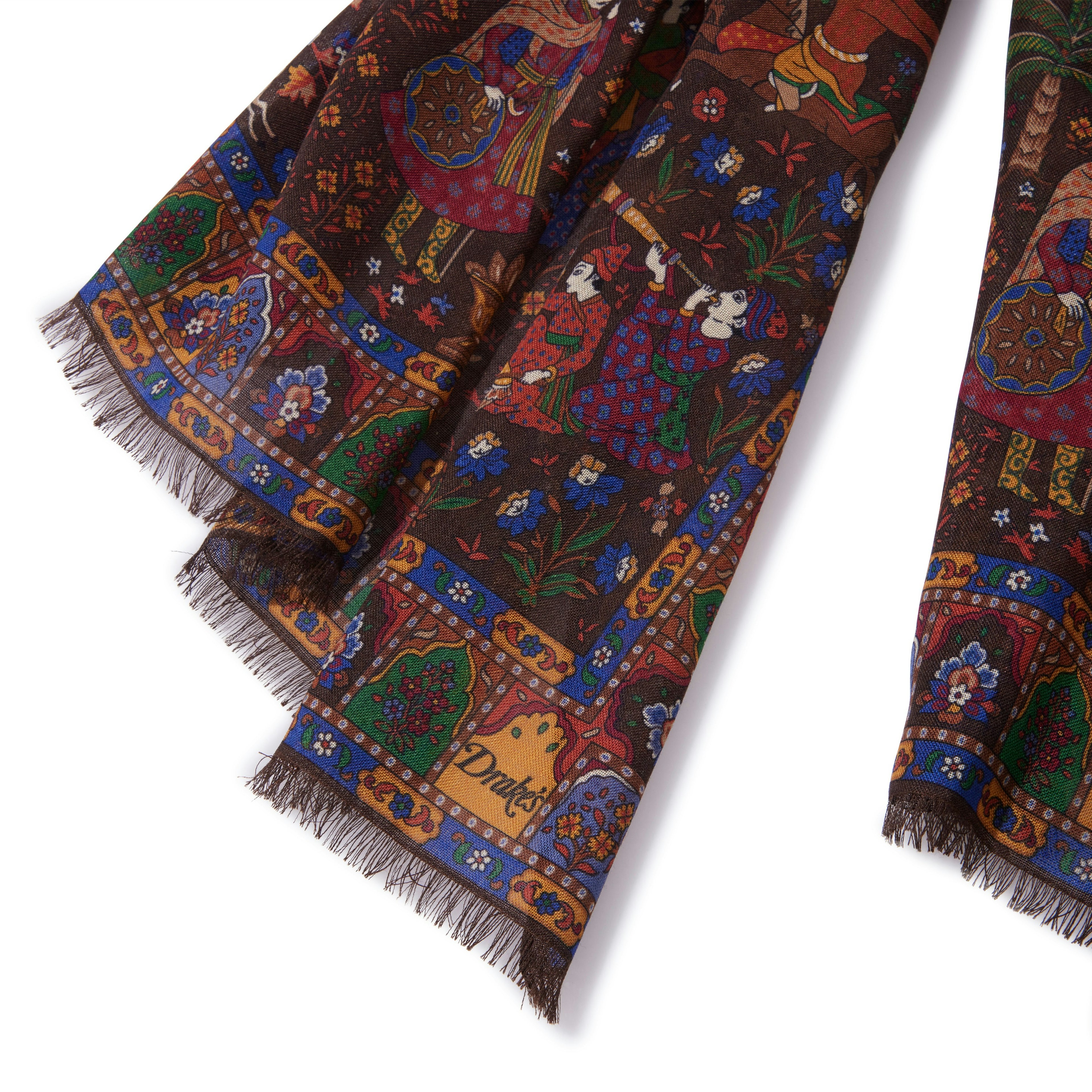 Drake's Mughal Hunter Wool-Silk Scarf Brown